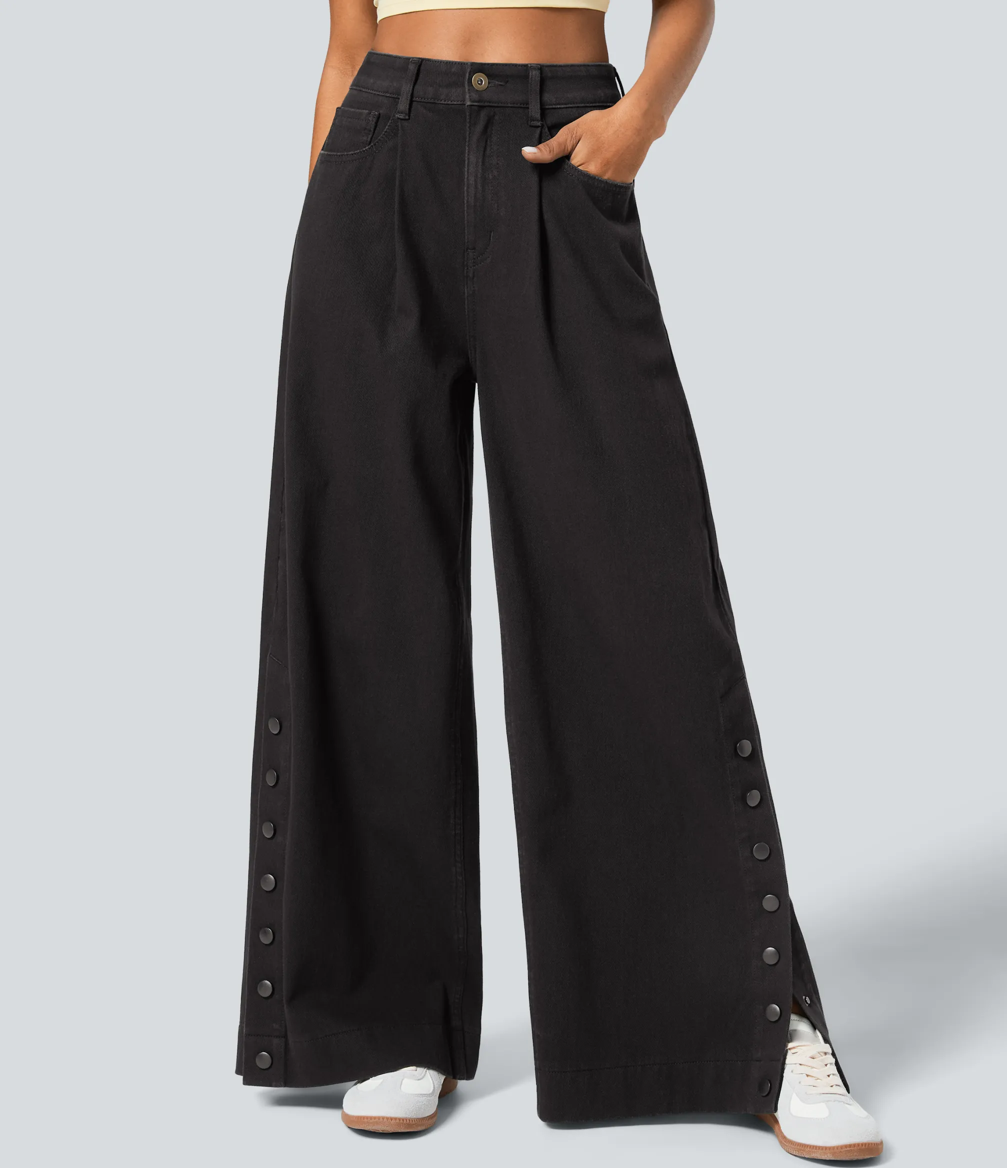 High Waisted Jeans|Wide Leg Jeans<HALARA Flex™ High Waisted Zipper Pockets Casual Wide Leg Full Length Jeans