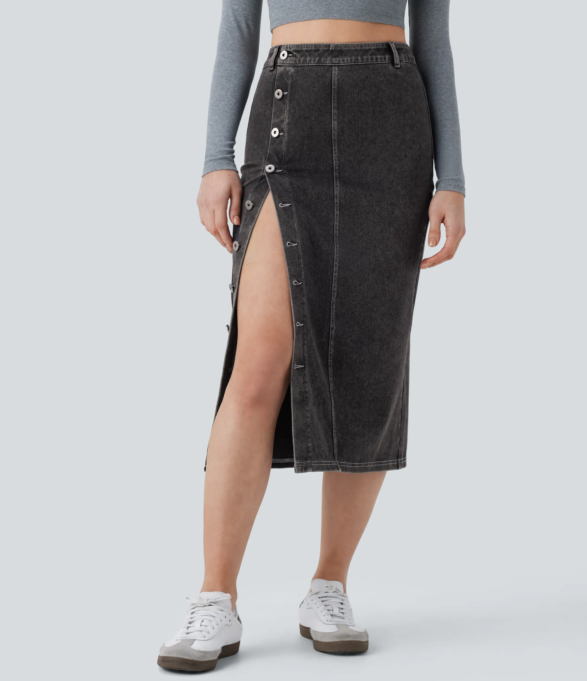 Denim Skirts|Maxi & Midi Skirts<HALARA Flex™ High Waisted Washed Denim Midi Casual Skirt