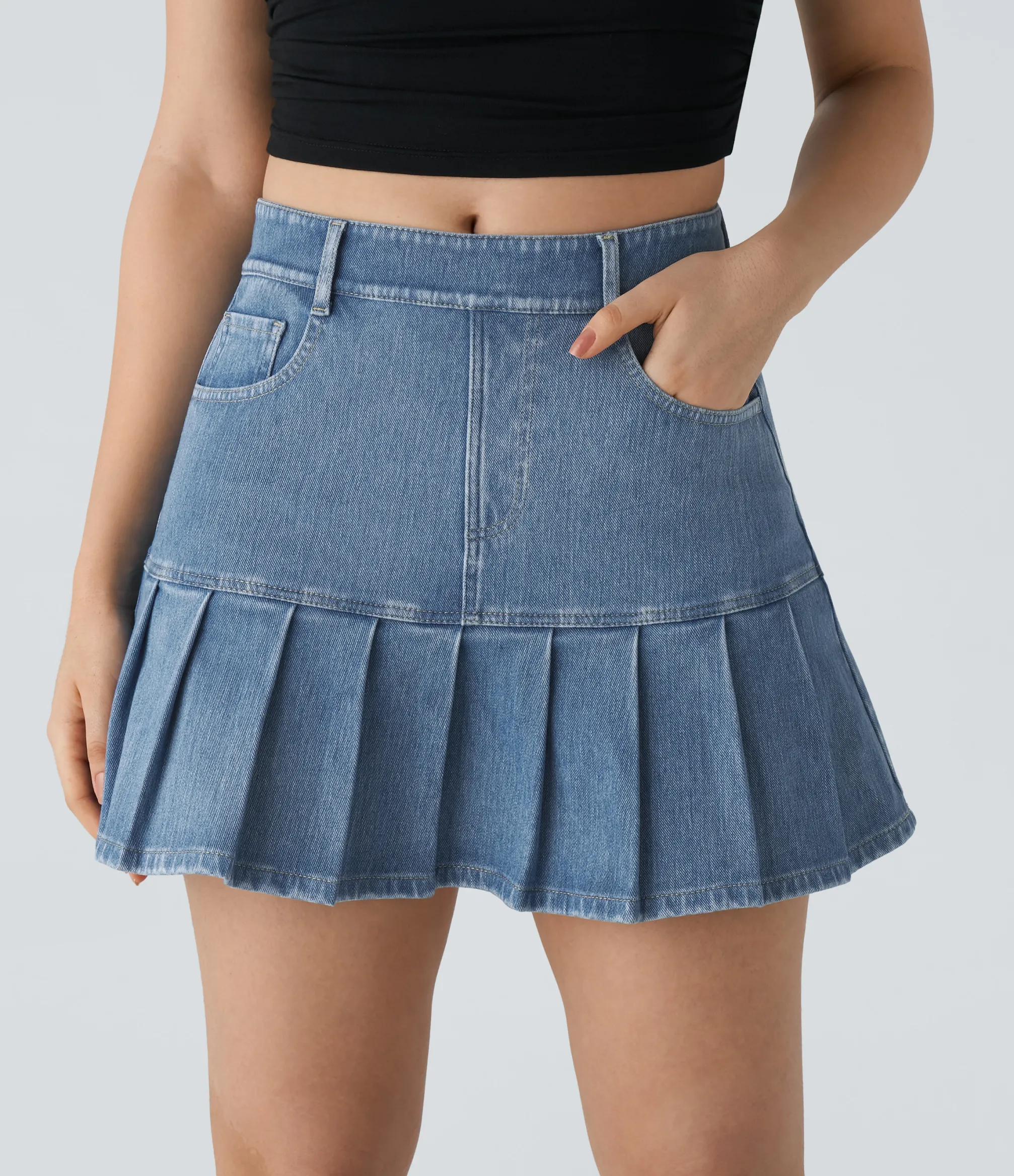 Denim Skirts|Mini Skirts<HALARA Flex™ High Waisted Pockets Pleated Mini Washed Denim Casual Skirt