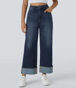 High Waisted Jeans|Wide Leg Jeans<HALARA Flex™ High Waisted Pockets Rolled Hem Wide Leg Washed Casual Jeans