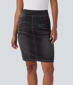 Denim Skirts|Denim Skirts<HALARA Flex™ High Waisted Pockets Washed Denim Casual Skirt