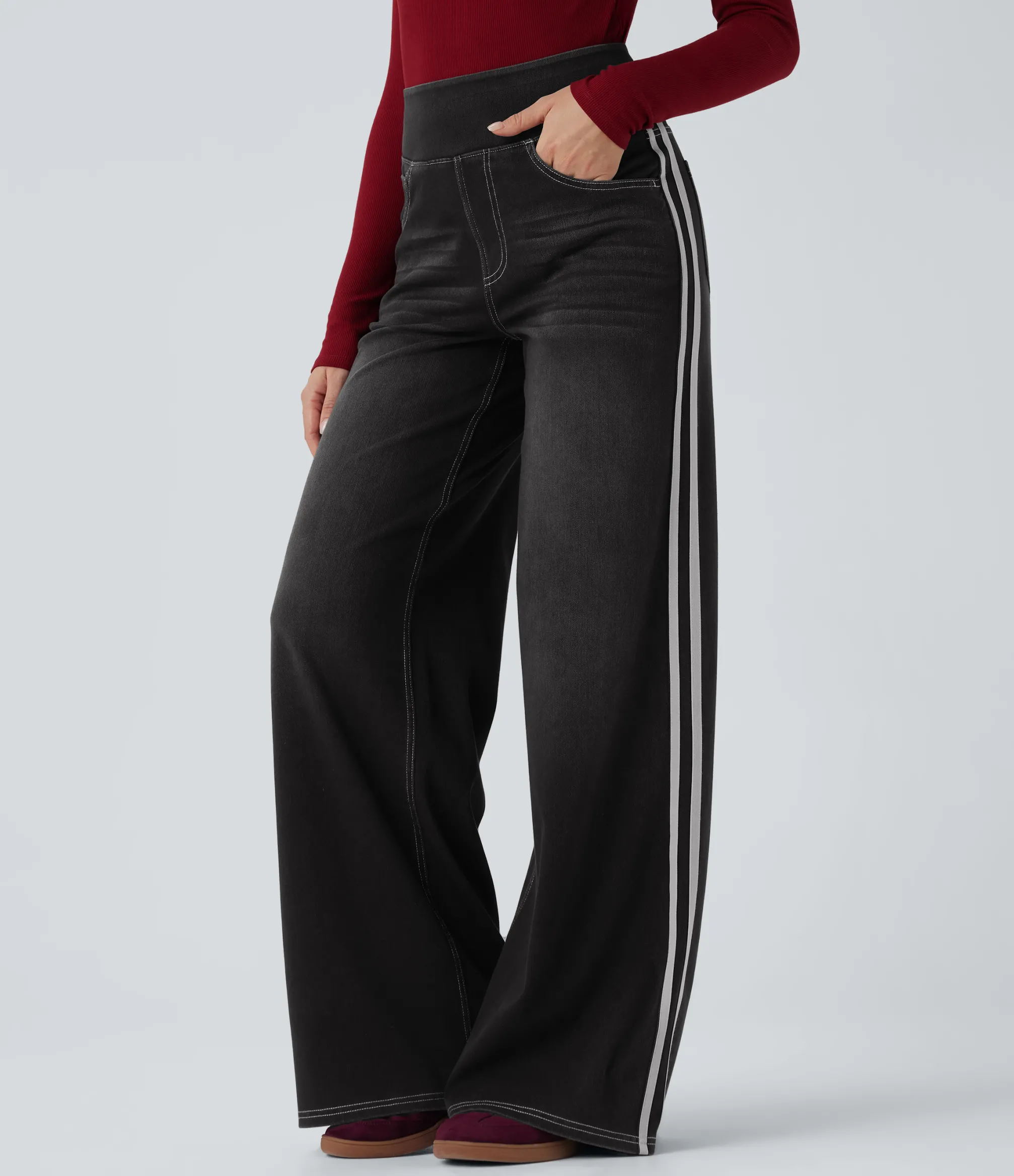 High Waisted Jeans|Wide Leg Jeans<HALARA Flex™ High Waisted Stripe Wide Leg Flowy Washed Casual Jeans with Pockets
