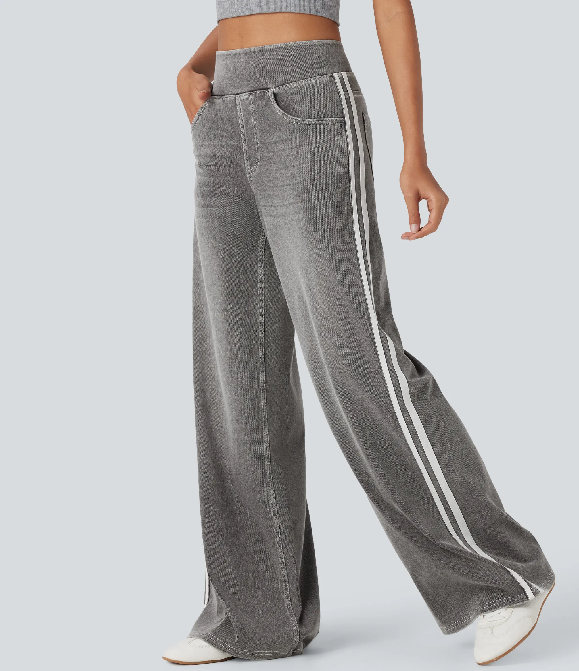 High Waisted Jeans|Wide Leg Jeans<HALARA Flex™ High Waisted Stripe Wide Leg Flowy Washed Casual Jeans with Pockets