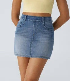 Denim Skirts|Maxi & Midi Skirts<HALARA Flex™ High Waisted Pockets Bodycon Mini Washed Denim Casual Skirt