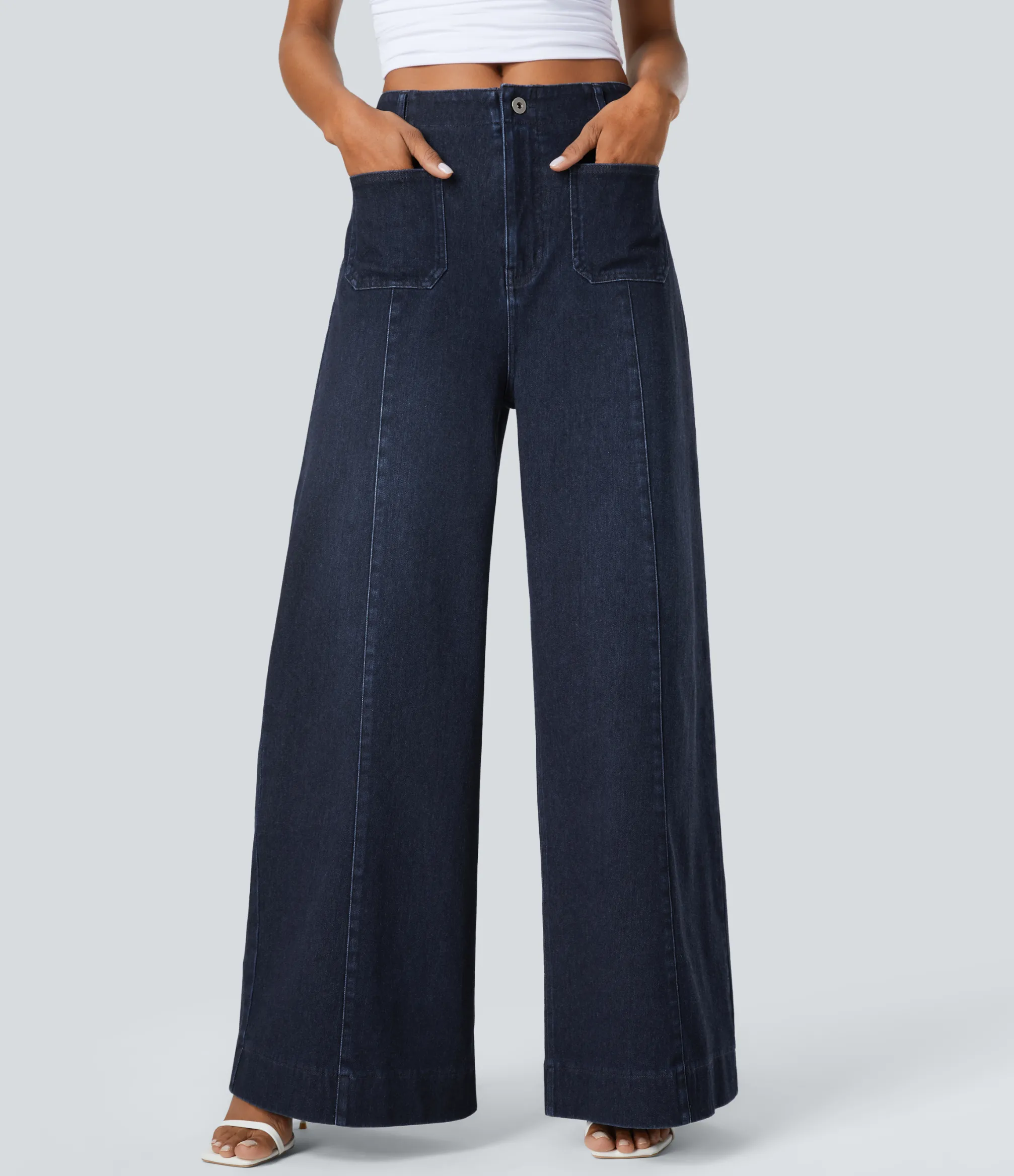 High Waisted Jeans|Wide Leg Jeans<HALARA Flex™ High Waisted Pockets Washed Casual Wide Leg Jeans