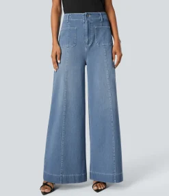 High Waisted Jeans|Wide Leg Jeans<HALARA Flex™ High Waisted Pockets Washed Casual Wide Leg Jeans