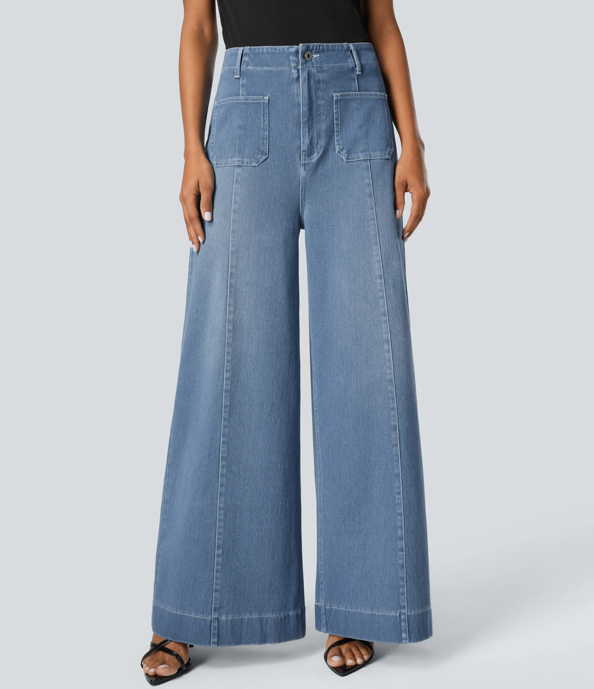 High Waisted Jeans|Wide Leg Jeans<HALARA Flex™ High Waisted Pockets Washed Casual Wide Leg Jeans