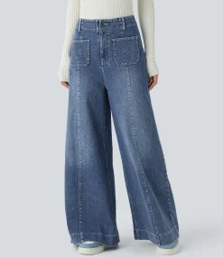 High Waisted Jeans|Wide Leg Jeans<HALARA Flex™ High Waisted Pockets Washed Casual Wide Leg Jeans