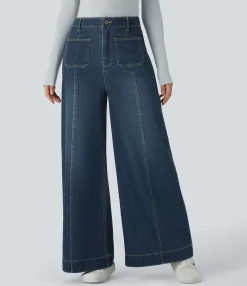 High Waisted Jeans|Wide Leg Jeans<HALARA Flex™ High Waisted Pockets Washed Casual Wide Leg Jeans