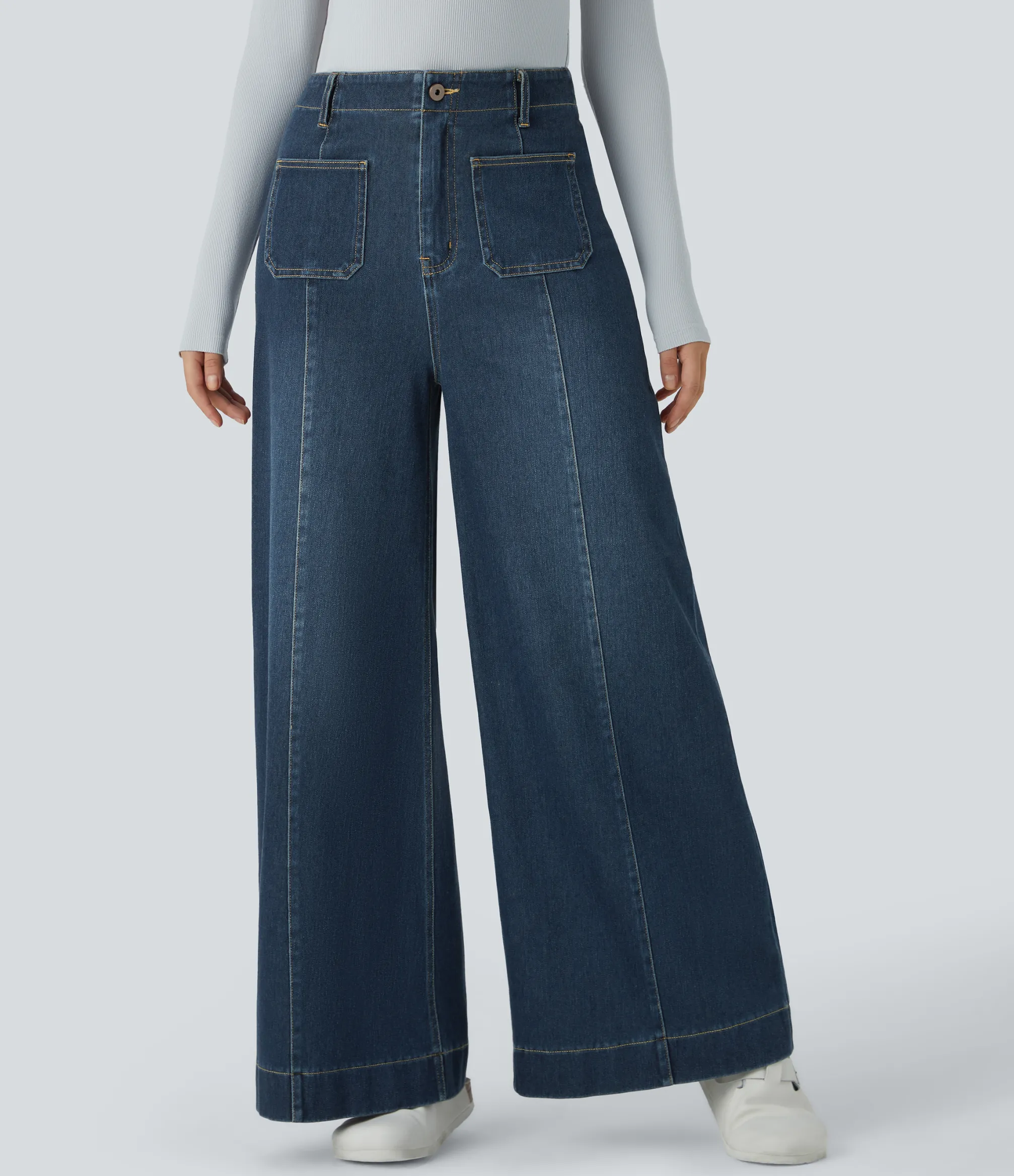 High Waisted Jeans|Wide Leg Jeans<HALARA Flex™ High Waisted Pockets Washed Casual Wide Leg Jeans