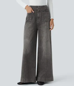 High Waisted Jeans|Wide Leg Jeans<HALARA Flex™ High Waisted Pockets Washed Casual Wide Leg Jeans