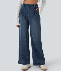 High Waisted Jeans|Wide Leg Jeans<HALARA Flex™ High Waisted Washed Casual Wide Leg Jeans with Pockets