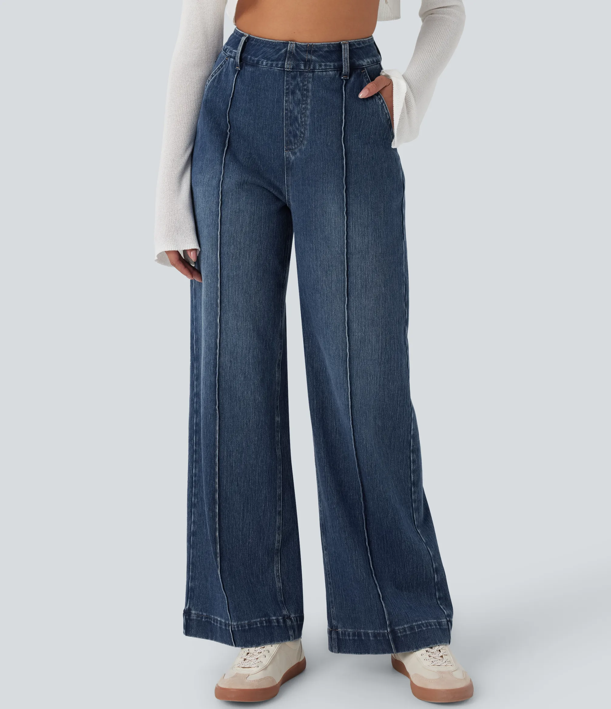 High Waisted Jeans|Wide Leg Jeans<HALARA Flex™ High Waisted Washed Casual Wide Leg Jeans with Pockets