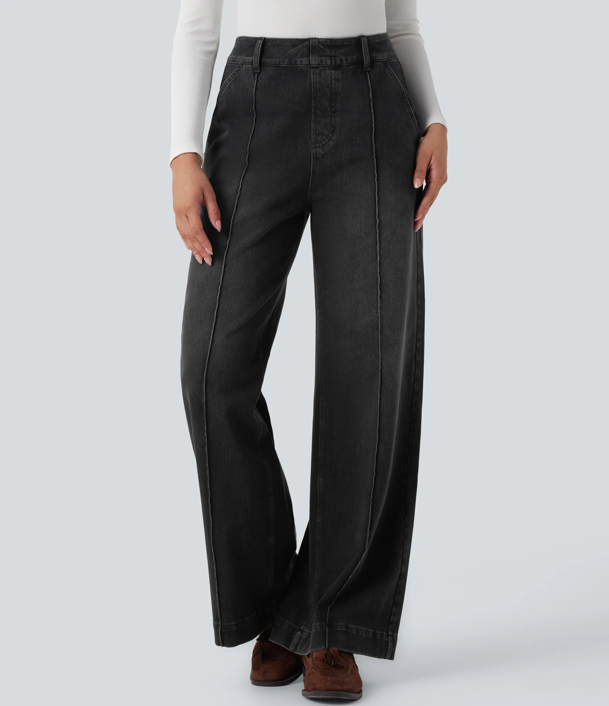 High Waisted Jeans|Wide Leg Jeans<HALARA Flex™ High Waisted Washed Casual Wide Leg Jeans with Pockets