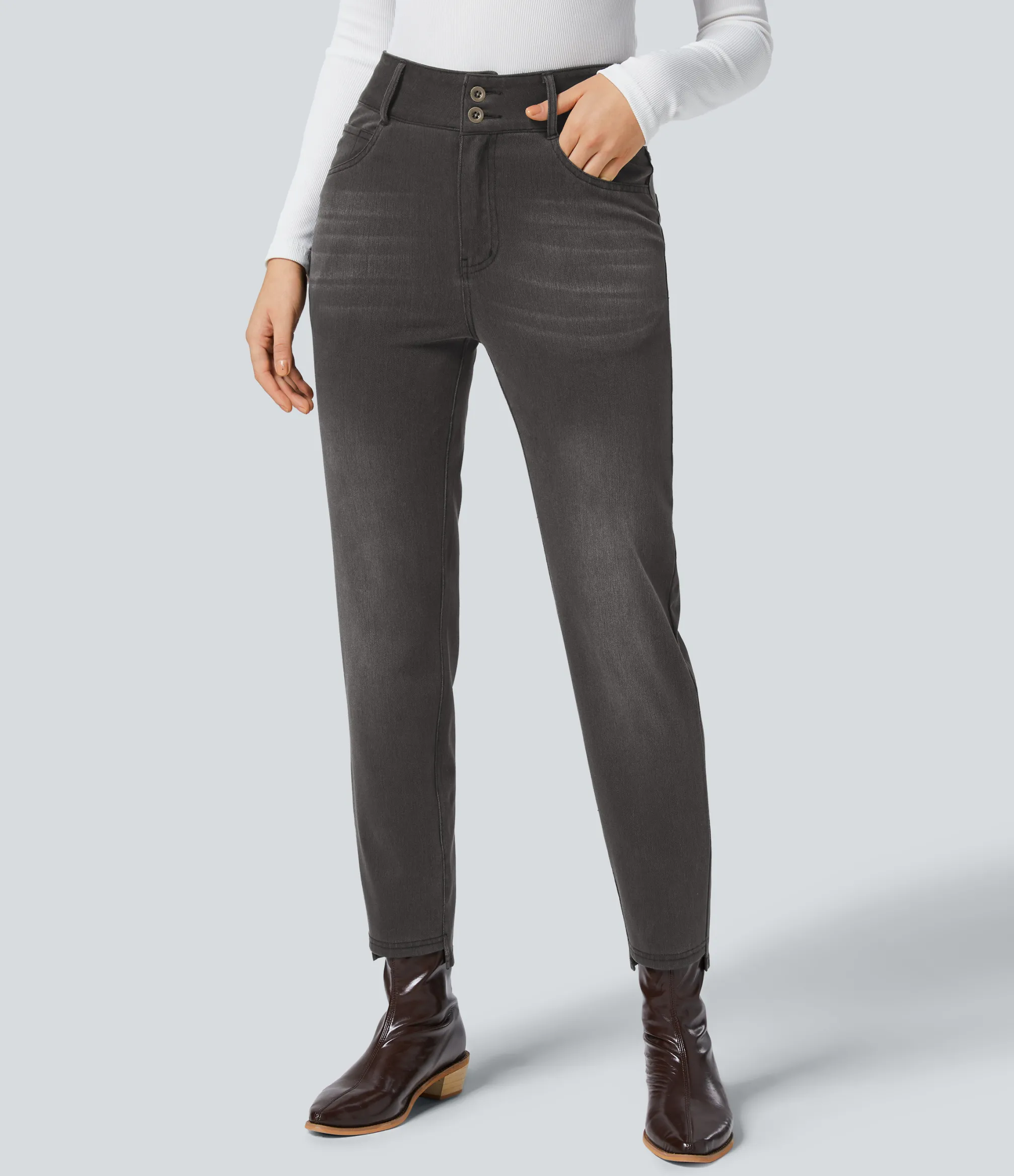 High Waisted Jeans|Straight-Leg Jeans<HALARA Flex™ High Waisted Zipper Pockets Straight Leg Washed Casual Jeans