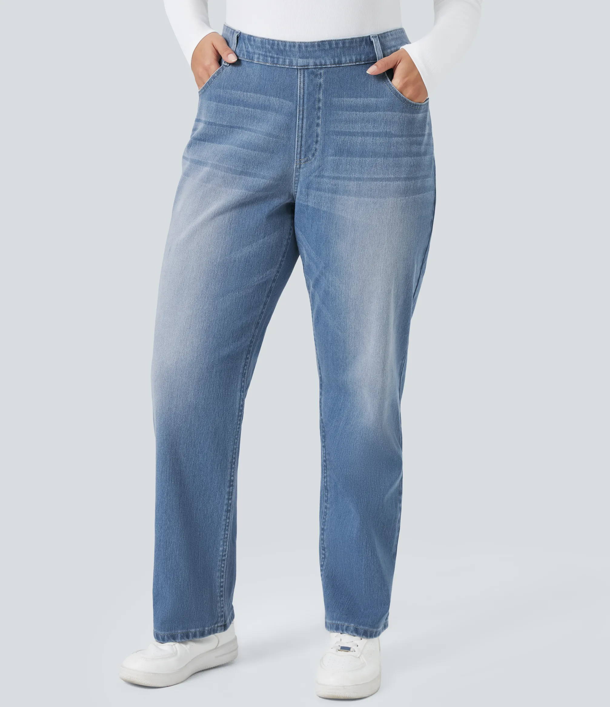 Plus-Size Denim|Plus Size<HALARA Flex™ High Waisted Pockets Straight Leg Washed Casual Plus Size Jeans