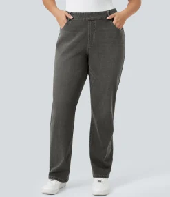 Plus-Size Denim|Plus Size<HALARA Flex™ High Waisted Pockets Straight Leg Washed Casual Plus Size Jeans