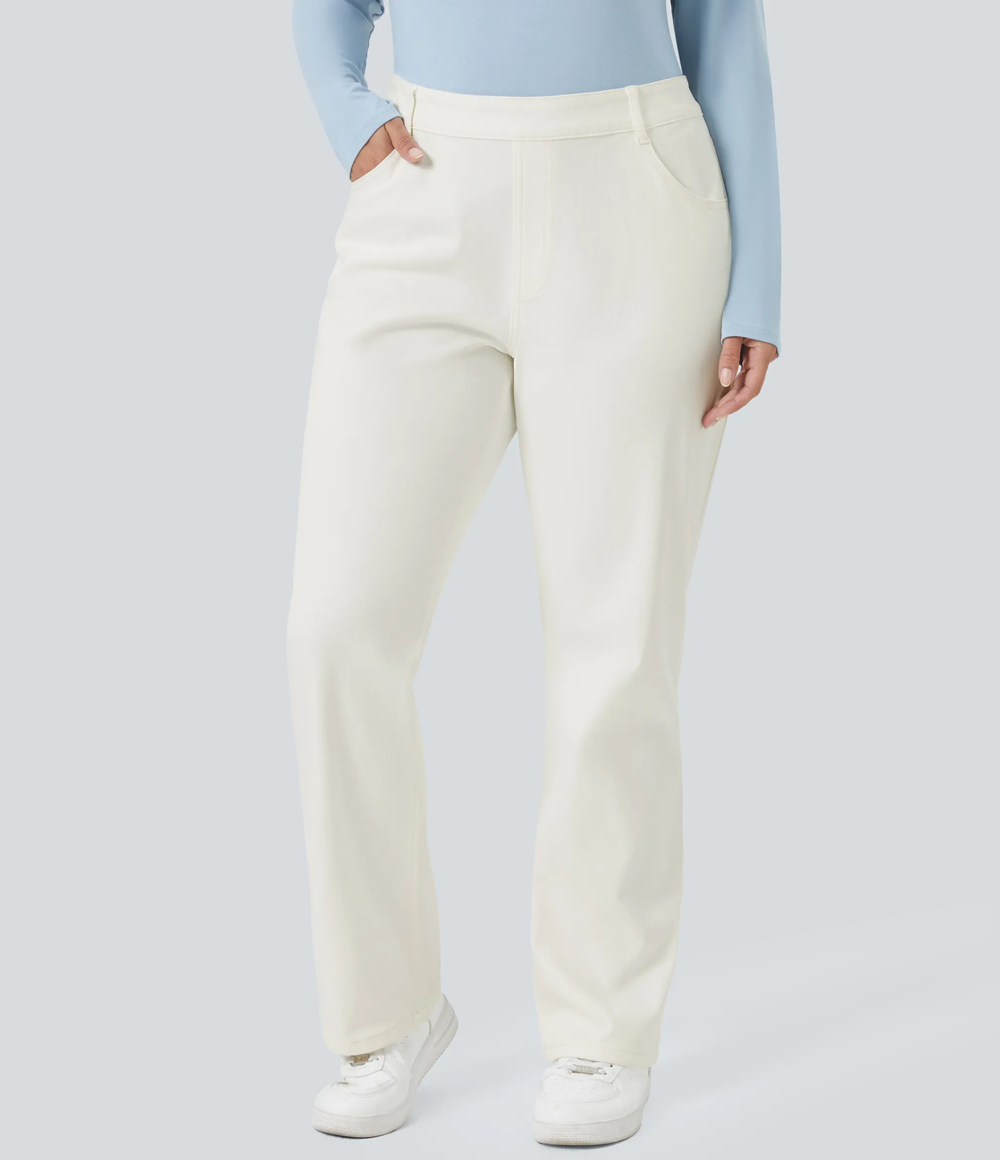 Plus-Size Denim|Plus Size<HALARA Flex™ High Waisted Pockets Straight Leg Washed Casual Plus Size Jeans