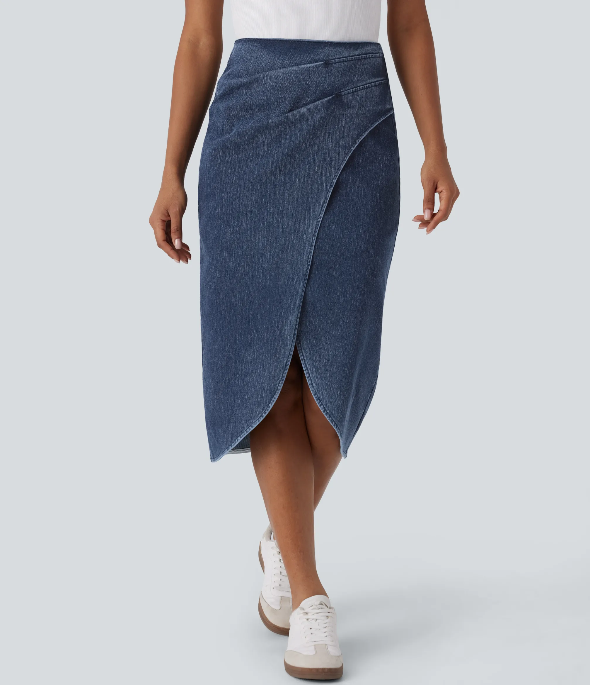 Denim Skirts|Maxi & Midi Skirts<HALARA Flex™ High Waisted Back Zipper Ruched Tulip Hem Midi Washed Denim Casual Skirt