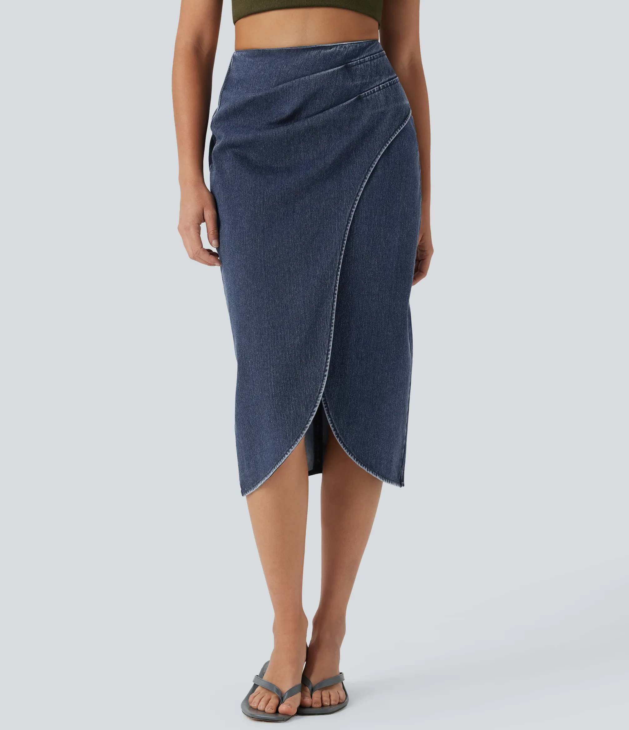 Denim Skirts|Maxi & Midi Skirts<HALARA Flex™ High Waisted Back Zipper Ruched Tulip Hem Midi Washed Denim Casual Skirt