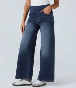 High Waisted Jeans|Wide Leg Jeans<HALARA Flex™ High Waisted Pockets Baggy Wide Leg Washed Casual Jeans