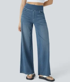 High Waisted Jeans|Wide Leg Jeans<HALARA Flex™ High Waisted Pockets Baggy Wide Leg Washed Casual Jeans