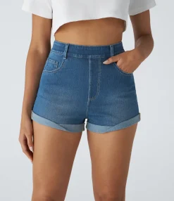 Denim Shorts|Denim Shorts<HALARA Flex™ High Waisted Pockets Rolled Hem Washed Denim Casual Shorts