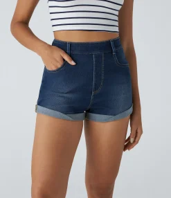 Denim Shorts|Denim Shorts<HALARA Flex™ High Waisted Pockets Rolled Hem Washed Denim Casual Shorts