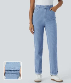 High Waisted Jeans|Straight-Leg Jeans<HALARA Flex™ High Waisted Zipper Pockets Straight Leg Striped Washed Casual Jeans