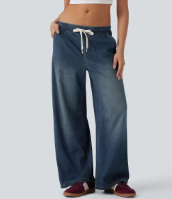 Jeans<HALARA Flex™ Low Rise Drawstring Casual Baggy Jeans with Pockets