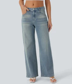 Wide Leg Jeans|Jeans<HALARA Flex™ Low Rise Pockets Baggy Wide Leg Washed Casual Jeans