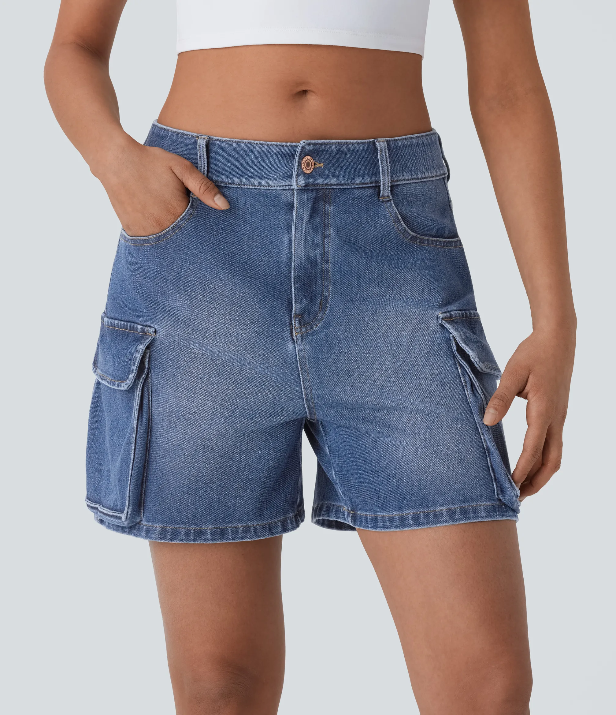 Denim Shorts|Denim Shorts<HALARA Flex™ Low Rise Pockets Washed Denim Casual Cargo Shorts