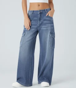 Wide Leg Jeans|Jeans<HALARA Flex™ Low Rise Pockets Casual Baggy Wide Leg Cargo Jeans