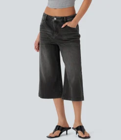 Jeans<HALARA Flex™ Low Rise Washed Casual Capri Baggy Jeans with Pockets