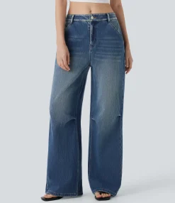 Wide Leg Jeans|Jeans<HALARA Flex™ Low Rise Wide Leg Washed Casual Jeans with Pockets