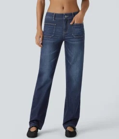 Straight-Leg Jeans|Jeans<HALARA Flex™ Low Rise Zipper Pockets Straight Leg Washed Casual Jeans