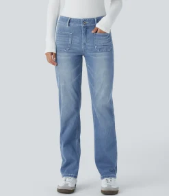 Straight-Leg Jeans|Jeans<HALARA Flex™ Low Rise Zipper Pockets Straight Leg Washed Casual Jeans