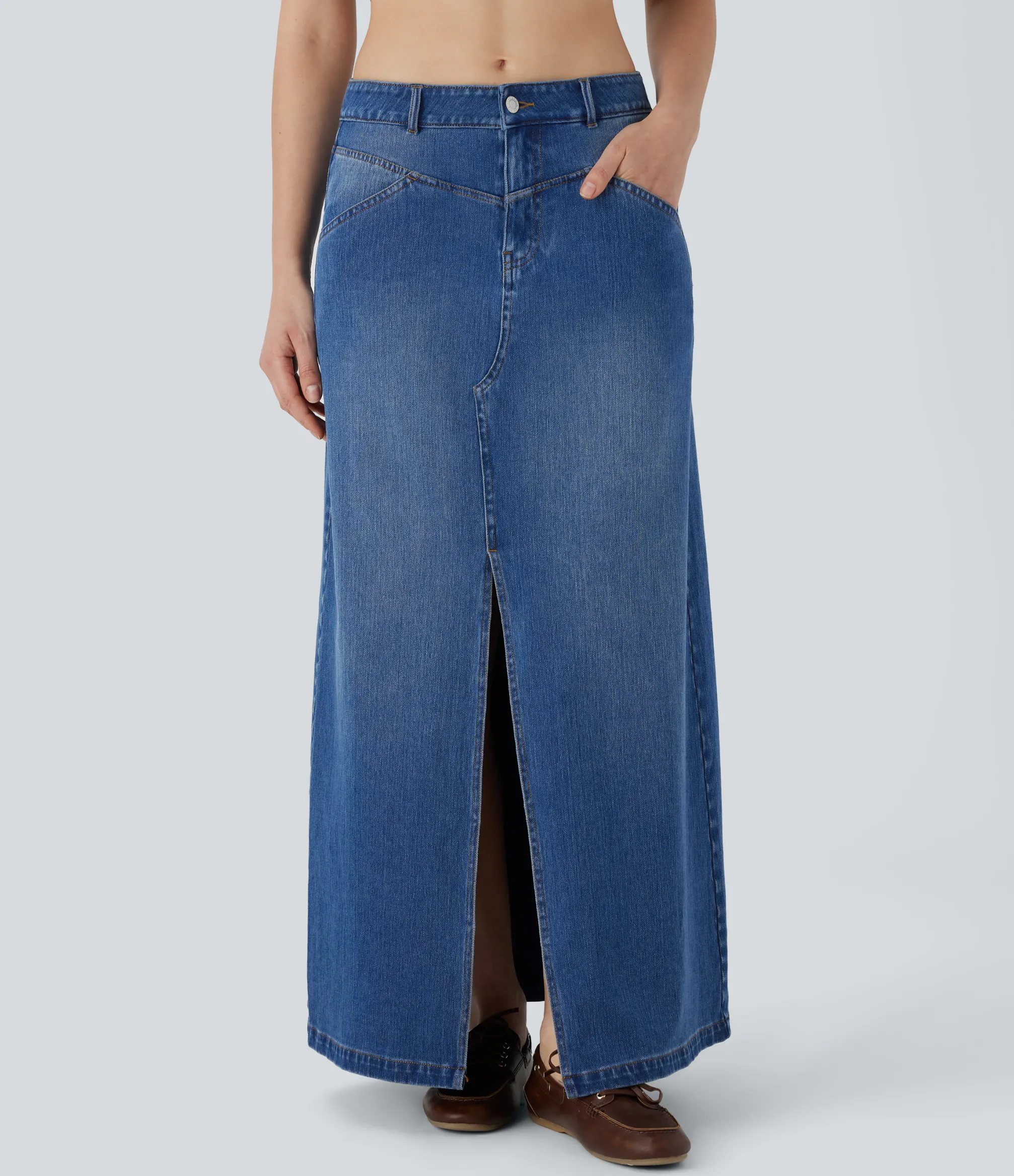Denim Skirts|Maxi & Midi Skirts<HALARA Flex™ Low Rise Zipper Pockets A Line Denim Maxi Casual Skirt
