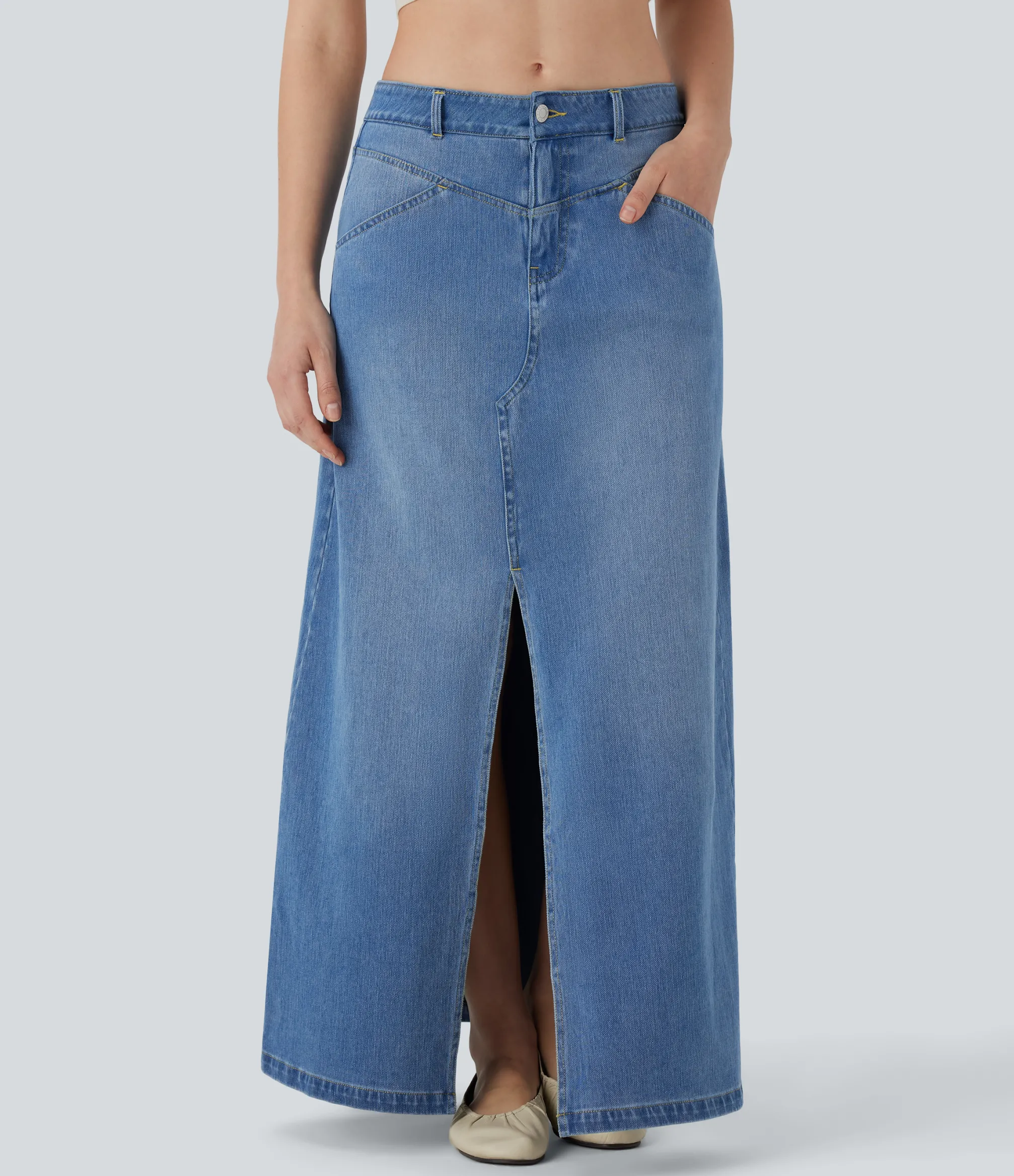 Denim Skirts|Maxi & Midi Skirts<HALARA Flex™ Low Rise Zipper Pockets A Line Denim Maxi Casual Skirt