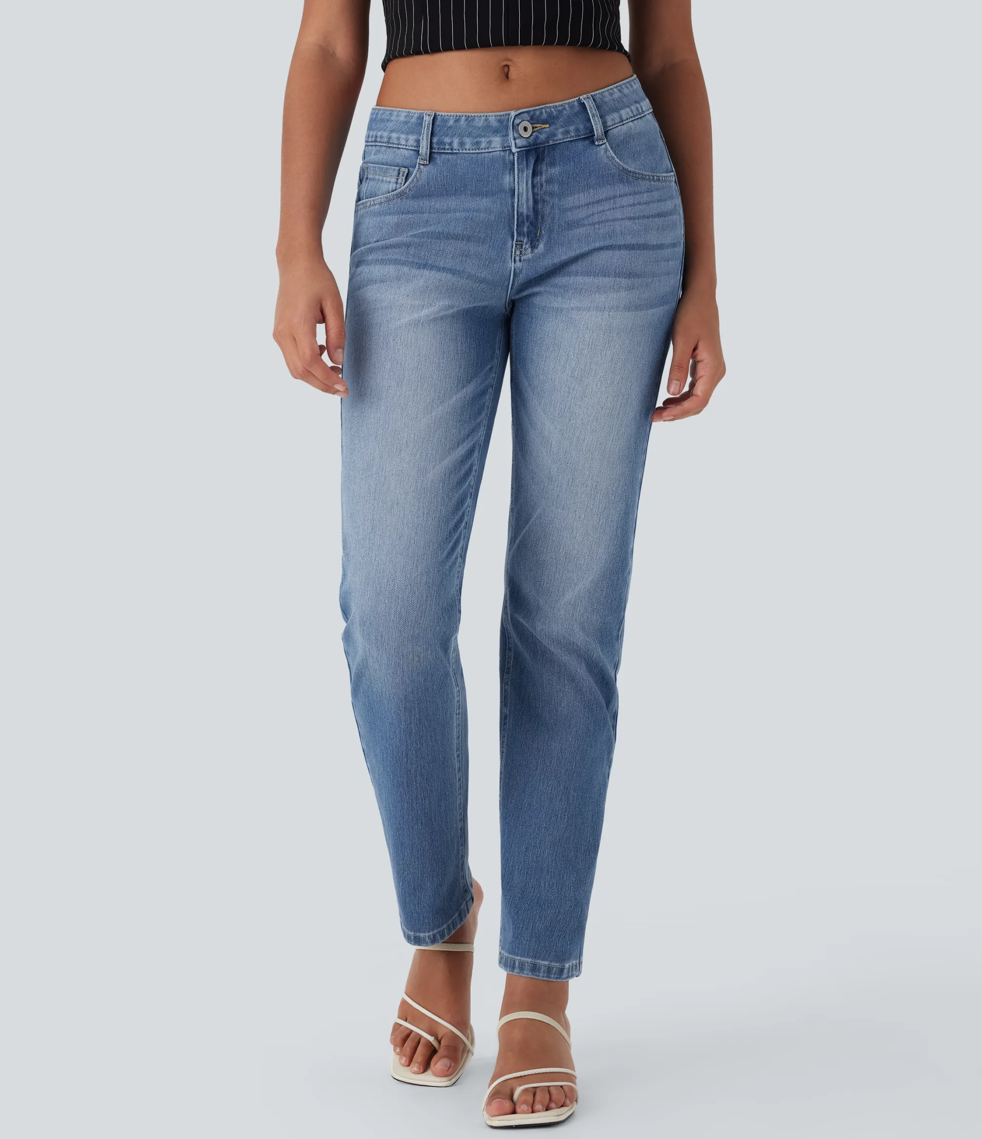 Straight-Leg Jeans|Jeans<HALARA Flex™ Low Rise Zipper Pockets Straight Leg Washed Casual Jeans