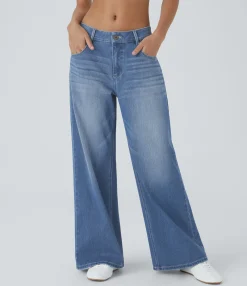 Wide Leg Jeans|Jeans<HALARA Flex™ Low Rise Zipper Pockets Washed Baggy Wide Leg Casual Jeans