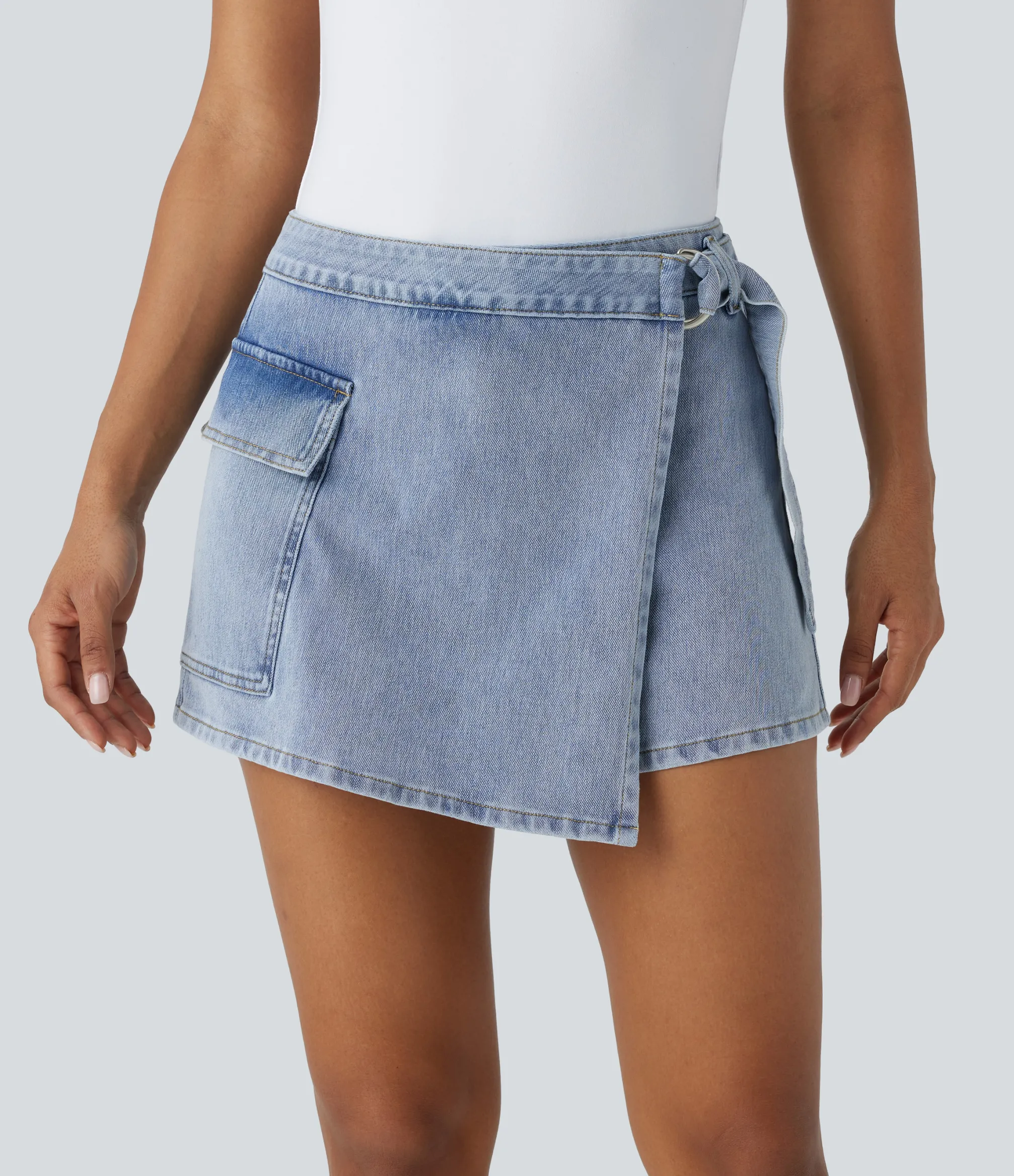 Denim Skirts|Mini Skirts<HALARA Flex™ Low Rise Zipper Belted Pocket Denim Casual Skort