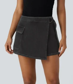 Denim Skirts|Mini Skirts<HALARA Flex™ Low Rise Zipper Belted Pocket Denim Casual Skort