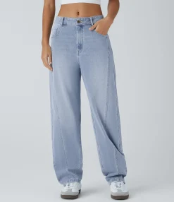 Jeans<HALARA Flex™ Mid Low Rise Zipper Pockets Washed Casual Baggy Mom Jeans