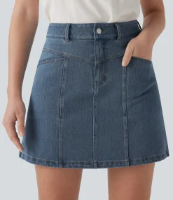 Denim Skirts|Denim Skirts<HALARA Flex™ Mid Rise A Line Stretchy Knit Denim Mini Casual Skirt with Pockets