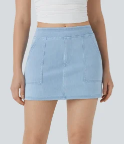 Denim Skirts|Denim Skirts<HALARA Flex™ Mid Rise A-line Mini Washed Denim Casual Skirt with Pockets