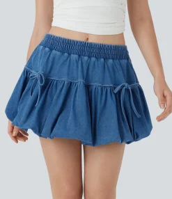 Denim Skirts|Mini Skirts<HALARA Flex™ Mid Rise Bow 2-in-1 Mini Washed Denim Casual Bubble Skirt