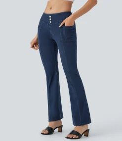 Pocket Leggings|Casual Wear Leggings<HALARA Flex™ Mid Rise Decorative Pocket Washed Denim Casual Bootcut Leggings