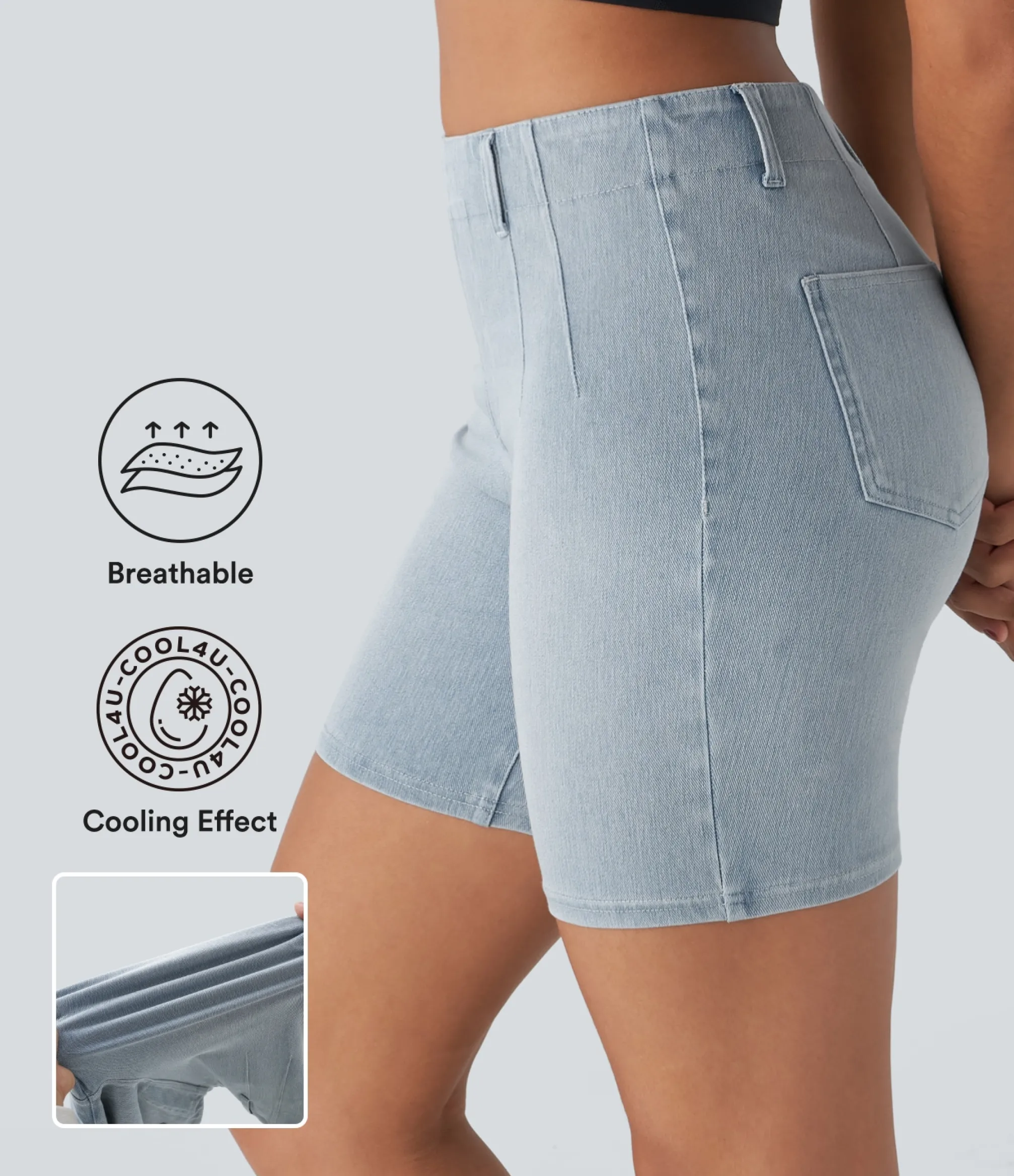 Denim Shorts|Denim Shorts<HALARA Flex™ Mid Rise Pockets Skinny Cool Touch Washed Denim Casual Shorts