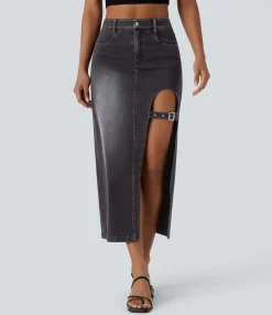 Denim Skirts|Maxi & Midi Skirts<HALARA Flex™ Mid Rise Pockets Adjustable Buckle Midi Washed Denim Casual Skirt